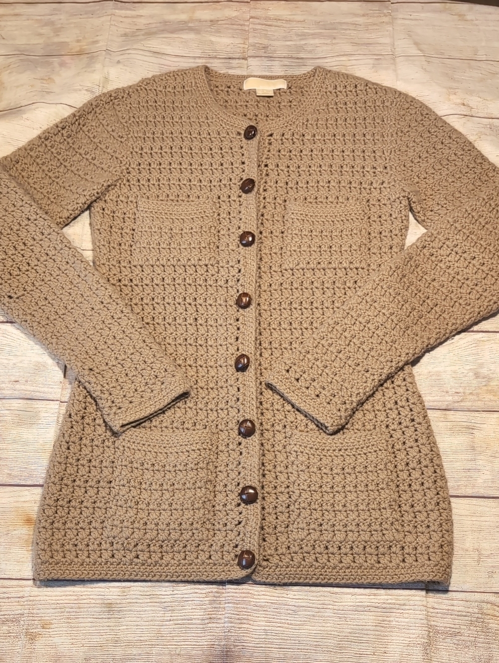 Michael Kors Tan Knit Leather Buttons Rounded Neck Fitted Cashmere Cardigan Sz M